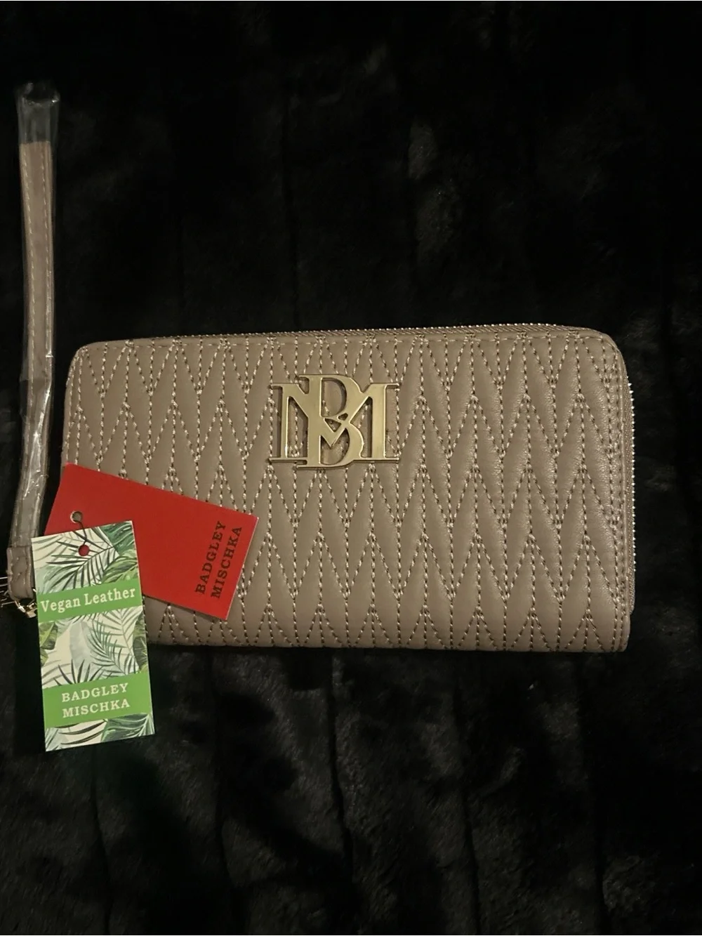 Badgley Mischka Taupe Quilted Zip-Around Wristlet Wallet